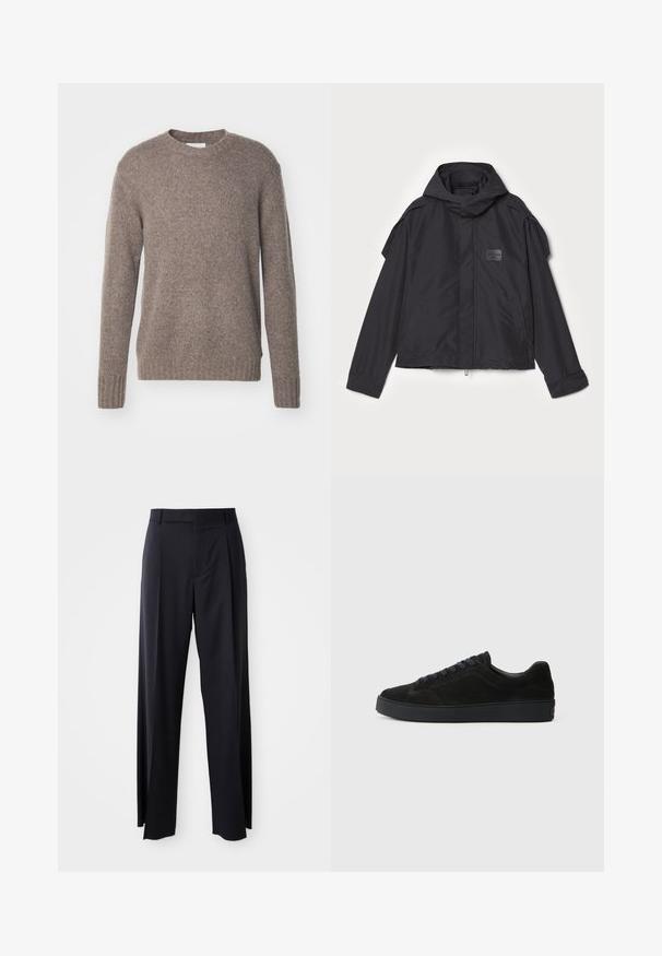 Fekete kapucnis dzseki, sima anyagból készült. Elöl zipzárral záródik, oldalsó zsebekkel és vállrész kiemelésekkel rendelkezik. Egyszerű dizájn jellemzi, címkével.; Barna, kötött pulóver, kerek nyakkivágással, hosszú ujjal, bordás mandzsettával és aljjal, puha, textúrált felülettel.; Fekete, magasan ültetett nadrág, széles szárai vannak, sima anyagból készült. Elülső redők és övhurkok jellemzik. Minimalista dizájn, látható fémalkatrészek nélkül.; Fekete velúr sneaker lapos, texturált talppal, kerek orral, hat fűzőlyukkal és minimalista dizájnnal.