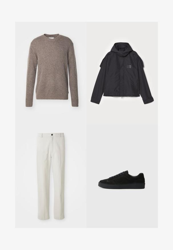 Juodas švarkas su kapišonu, pagamintas iš lygios medžiagos. Yra užtrauktukas priekyje, šoninės kišenės ir pečių akcentai. Paprastas dizainas su etikete.; Rudas, megztas megztinis su apvaliu iškirpimu, ilgomis rankovėmis ir rūkomis rankogaliais bei apačia, turintis minkštą, tekstūruotą paviršių.; Bežiniai tiesūs keliai su diržo kilpomis, priekiniais mygtukais ir užtrauktuku, išdėstyti ant balto fono.; Juodos suedinės sportbačiai su plokščiu, tekstūriniu padu, apvaliu pirštu, šešiais skylutėmis raištams ir minimalistišku dizainu.