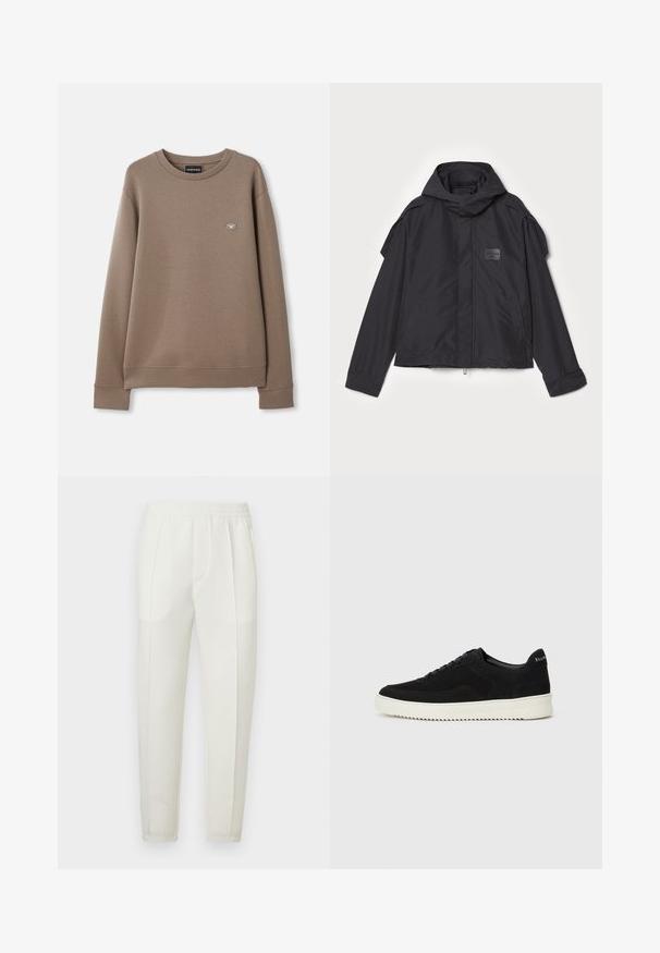 Giacca nera con cappuccio, realizzata in tessuto liscio. Presenta una chiusura frontale con zip, tasche laterali e dettagli sulle spalle. Design semplice con un'etichetta.; Felpa a maniche lunghe marrone con scollo rotondo e piccolo logo Emporio Armani ricamato sul lato sinistro del petto, mostrata su uno sfondo bianco semplice.; Pantaloni bianchi slim-fit con una fascia elastica in vita, caratterizzati da due tasche laterali e una texture liscia e leggermente lucida.; Sneaker in suede nero con design con lacci e suola in gomma bianca a contrasto. Presenta pannelli laterali testurizzati e un marchio discreto sul tallone.