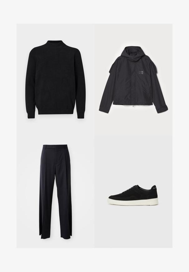 Mustatakki hupulla, valmistettu sileästä kankaasta. Ominaisuuksiin kuuluu vetoketjukiinnitys edessä, sivutaskut ja olkakorostukset. Yksinkertainen muotoilu, jossa on etiketti.; Musta neulepaita korkealla kauluksella, pitkät hihat ja ribbikuvio. Yksinkertainen, tasaista väriä, rento malli ilman näkyviä kuvioita.; Musta, korkeavyötäröinen housupari, jossa on leveä lahje, valmistettu sileästä kankaasta. Edessä on laskokset ja vyölenkit. Minimalistinen muotoilu, ei näkyvää metalliosaa.; Mustat mokkakengät nauhoilla ja kontrastivalkoisella kumipohjalla. Varustettu teksturoiduilla sivupaneeleilla ja huomaamattomalla brändäyksellä kantapäässä.