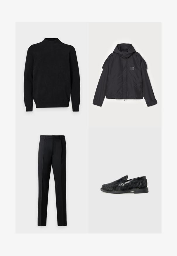 Melna jaka ar kapuci, izgatavota no gludas auduma. Aprīkota ar rāvējslēdzēju priekšā, sānu kabatām un plecu akcentiem. Vienkāršs dizains ar etiķeti.; Melns adīts džemperis ar augstu apkakli, garām piedurknēm un ribotu tekstūru. Vienkāršs, viendabīgs dizains ar brīvu piegriezumu un bez redzamām rakstiem.; Melni formāli bikses, kas izgatavotas no gludas auduma, ar taisnu kāju dizainu, priekšējām kroku detaļām un parastu jostasvietu bez rotājumiem.; Melnas austas slaidu kurpes ar gludu ādas akcentu augšpusē, apaļas formas purngalu un zemas profila gumijas zoli.