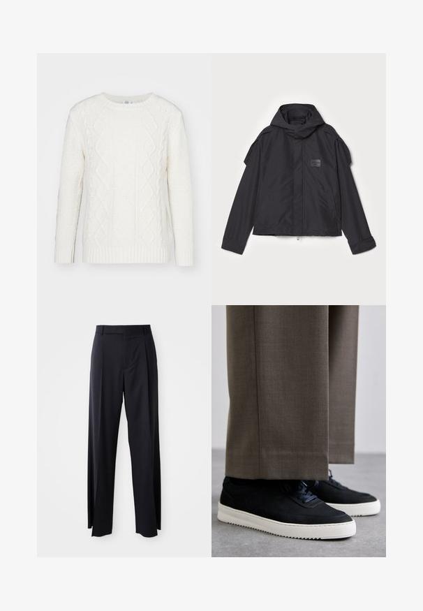Melna jaka ar kapuci, izgatavota no gludas auduma. Aprīkota ar rāvējslēdzēju priekšā, sānu kabatām un plecu akcentiem. Vienkāršs dizains ar etiķeti.; Balts adīts džemperis ar klasisku ribu apkakli, teksturētām virsmām un krustdūriena rakstiem priekšpusē un uz piedurknēm.; Melnas, augstās vidukļa bikses ar platām kājām, izgatavotas no gludas auduma. Iezīmē priekšējās krokas un jostas cilpas. Minimalistisks dizains, bez redzamām detaļām.; Melni zamšaini sporta apavi ar baltām gumijas zolēm, ar noapaļotu purngalu un auklām, valkāti ar pelēkiem piegrieztiem biksēm.