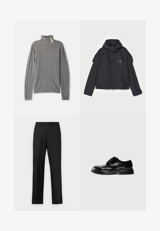 Melna jaka ar kapuci, izgatavota no gludas auduma. Aprīkota ar rāvējslēdzēju priekšā, sānu kabatām un plecu akcentiem. Vienkāršs dizains ar etiķeti.; Pelēkās svītrainās krekliskās džemperis ar garām piedurknēm. Audums ir mīksts. Tiek piedāvāta augsta apkakle un redzami šuvju akcenti.; Melnas, taisnas bikses no gludas auduma. Tām ir standarta jostasvieta, bez redzamiem rakstiem vai akcentsiem.; Melna ādas vīriešu apavu kurpe ar noapaļotu purngalu, gludu apdari, auklu aizdari un kāju papēdi. Minimālisma stils bez redzamām logrām.