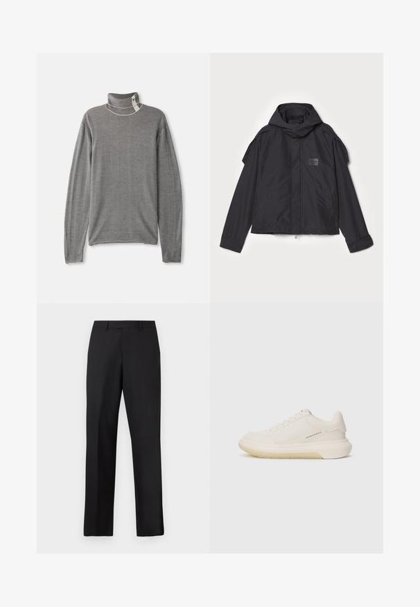 Μαύρο μπουφάν με κουκούλα, κατασκευασμένο από λεία ύφανση. Διαθέτει φερμουάρ μπροστά, πλάγιες τσέπες και διακρίσεις στους ώμους. Απλός σχεδιασμός με ετικέτα.; Γκρι ριγέ ζιβάγκο με μακριά μανίκια. Ο ιστός έχει μαλακή υφή. Διαθέτει ψηλό γιακά και εμφανείς ραφές.; Μαύρο παντελόνι με ίσια γραμμή από απαλό ύφασμα. Διαθέτει κανονική μέση και δεν έχει ορατά σχέδια ή διακοσμητικά στοιχεία.; Λευκά αθλητικά παπούτσια με λείο δερμάτινο επάνω μέρος, στρογγυλή μύτη και χοντρή καουτσούκ σόλα. Διαθέτουν ελάχιστη ραφή και μια διακριτική λεπτομέρεια λογότυπου στο πλάι.