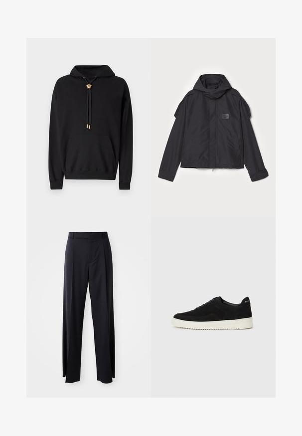 Black jacket with a hood, made of smooth fabric. Features a zip front, side pockets, and shoulder accents. Simple design with a label.; Black hooded sweatshirt made of cotton with a front pocket, featuring a gold lion head detail on the drawstrings and a logo embossed on the chest.; Black, high-waisted trousers with a wide-leg cut, made of smooth fabric. Features front pleats and belt loops. Minimalistic design, no visible hardware.; Black suede sneaker with lace-up design and contrasting white rubber sole. Features textured side panels and subtle branding on the heel.