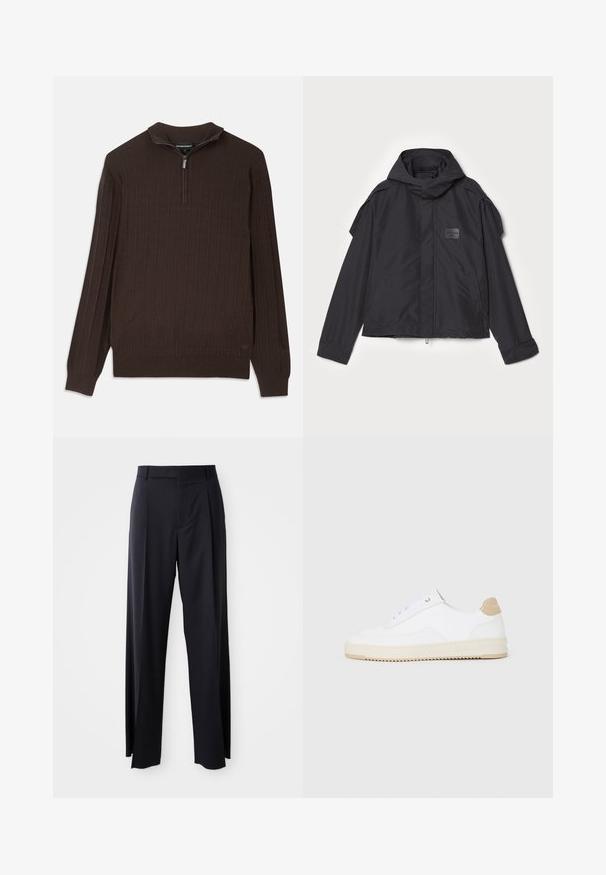 Black jacket with a hood, made of smooth fabric. Features a zip front, side pockets, and shoulder accents. Simple design with a label.; Brown knit sweater with a quarter-zip collar. Features a textured pattern with raised squares. Long sleeves and a straight hem.; Black, high-waisted trousers with a wide-leg cut, made of smooth fabric. Features front pleats and belt loops. Minimalistic design, no visible hardware.; White low-top sneakers with a textured leather upper, cream ridged sole, and a tan heel accent. Features white laces and logo detail on heel.