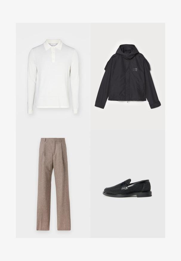 Fekete kapucnis dzseki, sima anyagból készült. Elöl zipzárral záródik, oldalsó zsebekkel és vállrész kiemelésekkel rendelkezik. Egyszerű dizájn jellemzi, címkével.; Fehér, hosszú ujjú polo ing, puha anyagból, galléros nyakkal, három gombos megoldással és bordázott mandzsettákkal. Simaság, minimális dizájn.; Barna, magas derekú nadrág texturált anyagból. Széles szárai és két elülső redője biztosítja a struktúrát. Ízléses kivitel, látható fémszerelés nélkül.; Fekete szőtt slip-on cipő sima bőr díszítéssel a felsőrészen, kerek orral és alacsony profilos gumitalppal.