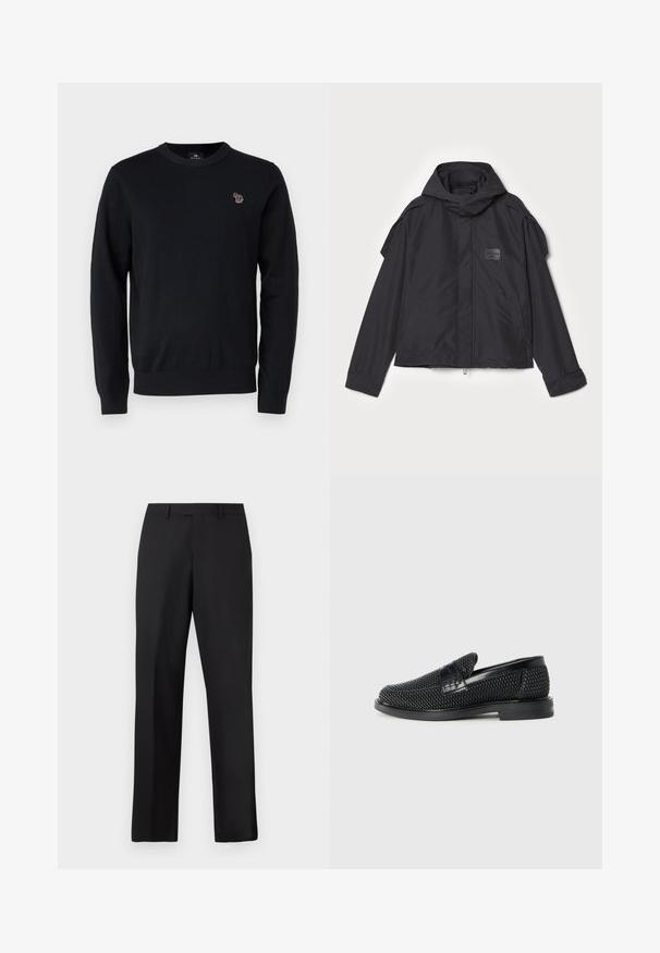 Fekete kapucnis dzseki, sima anyagból készült. Elöl zipzárral záródik, oldalsó zsebekkel és vállrész kiemelésekkel rendelkezik. Egyszerű dizájn jellemzi, címkével.; PS Paul Smith CREW NECK - Pulóver - black; Fekete, egyenes szárú nadrág sima anyagból. Standard derékpánttal rendelkezik, és nincsenek látható minták vagy díszítések.; Fekete szőtt slip-on cipő sima bőr díszítéssel a felsőrészen, kerek orral és alacsony profilos gumitalppal.