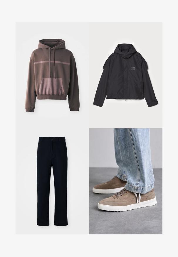 Jachetă neagră cu glugă, fabricată dintr-un material neted. Dispune de fermoar frontal, buzunare laterale și accente pe umeri. Design simplu cu etichetă.; Hanorac supradimensionat cu mânecă scurtă, de culoare maro închis, cu o dungă în gradient de maro deschis, buzunar frontal și glugă cu șnur. Material moale din amestec de bumbac.; Pantaloni bleumarin din bumbac, cu un design drept, închidere frontală cu nasture și talie clasică cu bucle pentru curea.; Adidași din suede maro cu tălpi de cauciuc alb, cu șireturi rotunde și un design de profil jos. Blugii acoperă parțial pantofii.