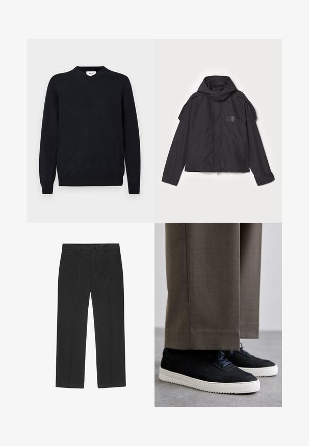 Czarna kurtka z kapturem, wykonana z gładkiego materiału. Posiada zamek z przodu, boczne kieszenie i akcenty na ramionach. Prosty design z metką.; Czarny sweter z dekoltem w serek, wykonany z miękkiego materiału, z długimi rękawami oraz ściągaczami przy mankietach i dolnym brzegu. Minimalistyczny design bez widocznych wzorów.; Czarne spodnie o prostym kroju, wykonane z lekkiego materiału. Posiadają kieszenie z przodu i zapięcie na guzik. Gładka tekstura.; Czarne zamszowe sneakersy z białymi gumowymi podeszwami, z zaokrąglonym noskiem i sznurówkami, noszone z szarymi dopasowanymi spodniami.