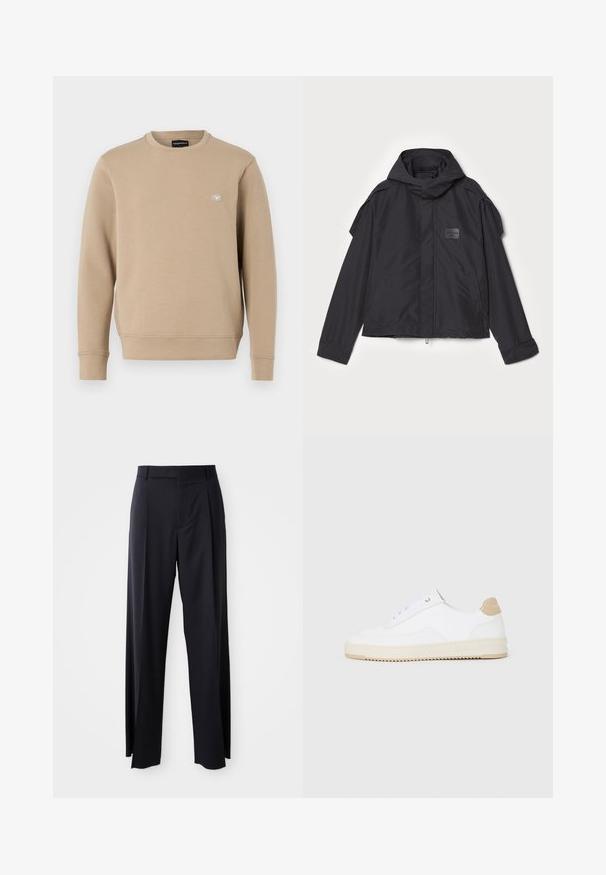 Czarna kurtka z kapturem, wykonana z gładkiego materiału. Posiada zamek z przodu, boczne kieszenie i akcenty na ramionach. Prosty design z metką.; Beżowa bluza z okrągłym dekoltem, wykonana z miękkiego materiału. Posiada małą naszywkę z logo na piersi. Długie rękawy z ściśniętymi mankietami i dolnym wykończeniem.; Czarne, wysokie spodnie o szerokim kroju, wykonane z gładkiego materiału. Posiadają zakładki z przodu i paski na pasek. Minimalistyczny design, bez widocznych elementów metalowych.; Białe niskie sneakersy z teksturowanej skórzanej cholewce, kremową żłobioną podeszwą i brązowym akcentem na pięcie. Posiadają białe sznurowadła i detal z logo na pięcie.