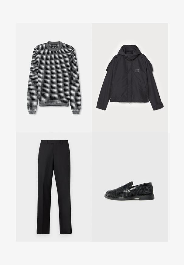 Černá bunda s kapucí, vyrobená z hladké tkaniny. Obsahuje zapínání na zip vpředu, boční kapsy a akcenty na ramenou. Jednoduchý design s štítkem.; Černobílý svetr s vzorem, kulatým výstřihem, dlouhými rukávy a žebrovanými manžetami. Textura vypadá jako pletená s geometrickým designem.; Černé kalhoty s rovnými nohavicemi vyrobené z hladké látky. Mají standardní pas a žádné viditelné vzory či zdobení.; Černé pletené nazouvací boty s hladkým koženým akcentem na svršku, kulatou špičkou a nízkoprofilovou gumovou podrážkou.