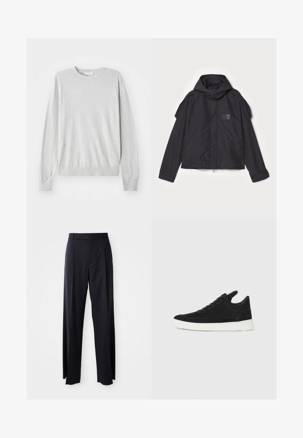 Black jacket with a hood, made of smooth fabric. Features a zip front, side pockets, and shoulder accents. Simple design with a label.; Light gray knit sweater featuring long sleeves, a round neckline, and ribbed cuffs and hem. Made from a soft, smooth material.; Black, high-waisted trousers with a wide-leg cut, made of smooth fabric. Features front pleats and belt loops. Minimalistic design, no visible hardware.; Black suede sneaker with a white rubber sole, featuring tonal stitching and lace-up design. Smooth texture with a modern, streamlined shape.