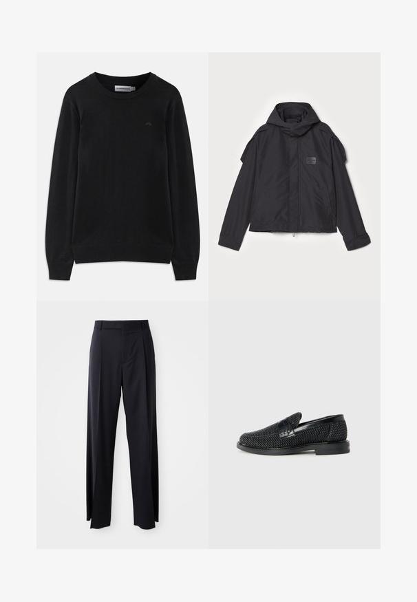 Černá bunda s kapucí, vyrobená z hladké tkaniny. Obsahuje zapínání na zip vpředu, boční kapsy a akcenty na ramenou. Jednoduchý design s štítkem.; Černý svetr s dlouhým rukávem a kulatým výstřihem, opatřený žebrovanými manžetami a lemem, na levé části hrudi se nachází malé nenápadné logo.; Černé kalhoty s vysokým pasem a širokým střihem, vyrobené z hladké látky. Mají přední sklady a poutka na opasek. Minimalistický design, bez viditelného kovového hardwaru.; Černé pletené nazouvací boty s hladkým koženým akcentem na svršku, kulatou špičkou a nízkoprofilovou gumovou podrážkou.