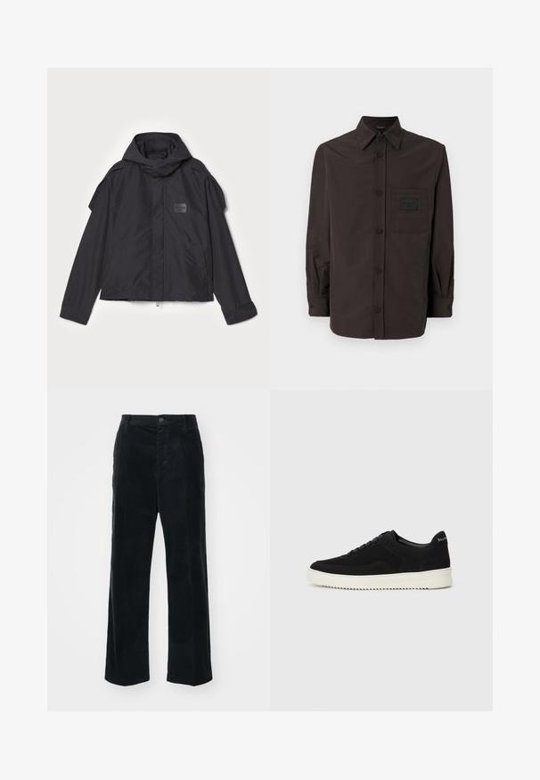 Juodas švarkas su kapišonu, pagamintas iš lygios medžiagos. Yra užtrauktukas priekyje, šoninės kišenės ir pečių akcentai. Paprastas dizainas su etikete.; Tamsiai ruda mygtukų marškiniai su smailiu apykakle, ilgomis rankovėmis, vienu krūtiniu kišeniu ir tekstūruotu audiniu.; Juodi chaki audinio kelnių modeliai su tiesiomis kojomis, turintys vertikalius raštus, priekinį mygtuko uždarymą ir diržo kilpos.; Juodos veliūrinės sportinės bateliai su raištelių dizainu ir kontrastinga balta gumine padais. Yra tekstūruoti šoniniai skydeliai ir subtilus logotipas ant kulno.