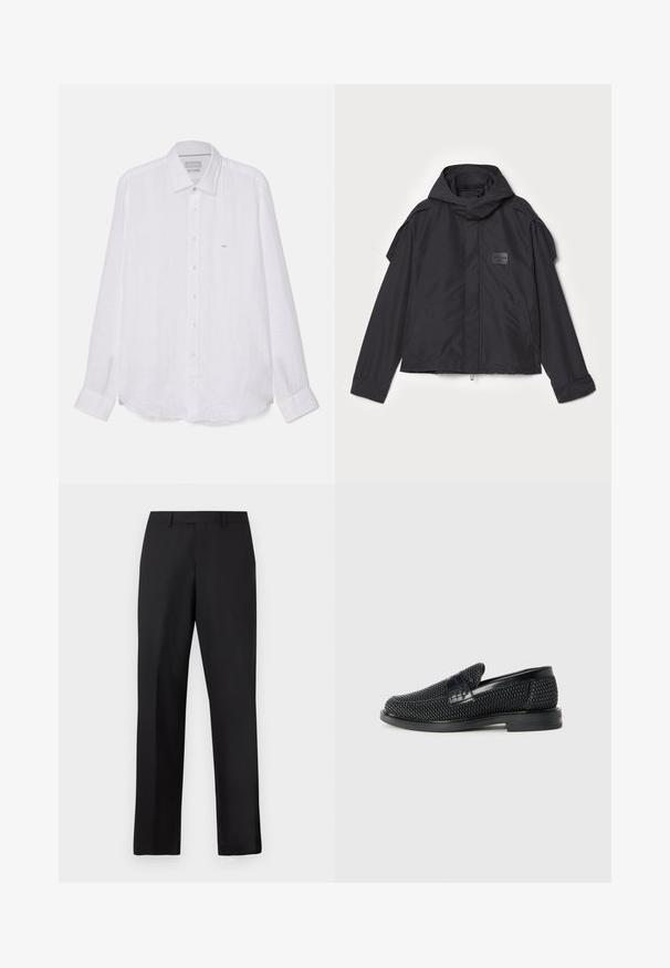 Black jacket with a hood, made of smooth fabric. Features a zip front, side pockets, and shoulder accents. Simple design with a label.; White long-sleeve shirt made of linen. Features a pointed collar, full button front, and a small embroidered logo on the left chest.; Black, straight-leg trousers made of smooth fabric. Features a standard waistband and no visible patterns or accents.; Black woven slip-on shoe with a smooth leather accent on the upper, a round toe design, and a low-profile rubber sole.