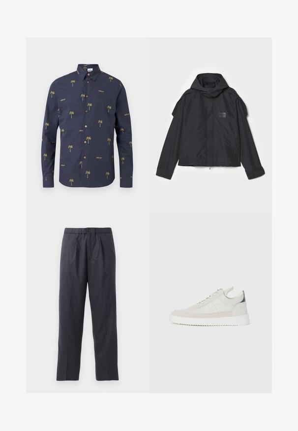 Juodas švarkas su kapišonu, pagamintas iš lygios medžiagos. Yra užtrauktukas priekyje, šoninės kišenės ir pečių akcentai. Paprastas dizainas su etikete.; Jūrų mėlynumo marškiniai su mygtukais, pagaminti iš medvilnės, su geltonu palmių medžių siuvinėjimu ir žodžiu "DREAM" pasikartojančiu raštu. Klasikinio tipo apykaklė ir rankogaliai.; Tamsiai mėlynos kelnės, pagamintos iš švelnios medžiagos, su klostėtu priekiu ir elastingu juosmeniu. Yra mygtuko užtrauktukas ir tiesios išklikimo pjūvis.; Balti odiniai sportbačiai su pilkais zomšos akcentais, su raišteliais, su traukimo juostele ir tekstūruota guma, kurioje matomas zigzago raštas.