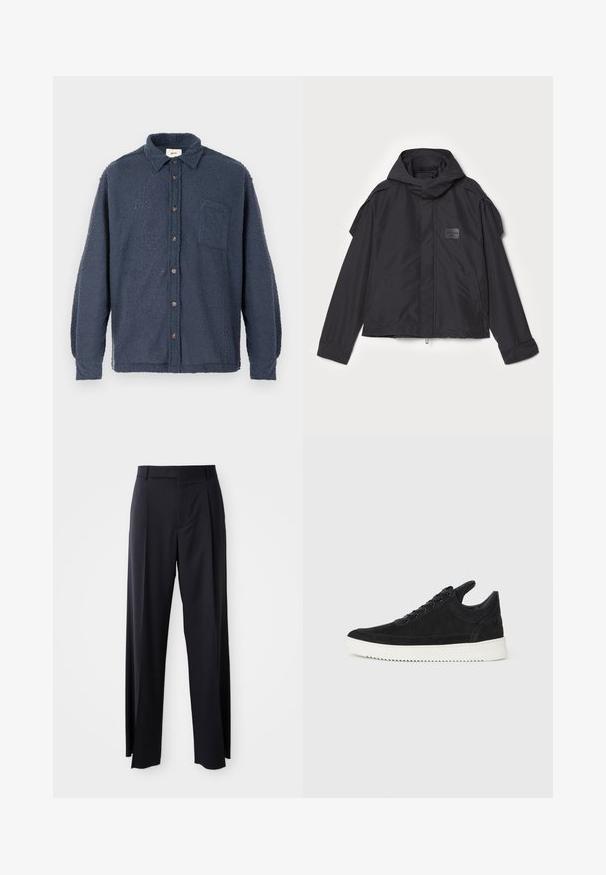 Melna jaka ar kapuci, izgatavota no gludas auduma. Aprīkota ar rāvējslēdzēju priekšā, sānu kabatām un plecu akcentiem. Vienkāršs dizains ar etiķeti.; Tumši zils flīsa krekls ar fakturētu virsmu, pogu aizdari priekšpusē, apkakli un krūšu kabatu. Aprīkots ar brūnām pogām un garām piedurknēm.; Melnas, augstās vidukļa bikses ar platām kājām, izgatavotas no gludas auduma. Iezīmē priekšējās krokas un jostas cilpas. Minimalistisks dizains, bez redzamām detaļām.; Melna zamša apavi ar baltu gumijas zoli, ar tonālu izšuvumu un auklu dizainu. Gluda tekstūra ar mūsdienīgu, plūstošu formu.