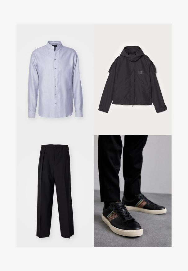 Μαύρο μπουφάν με κουκούλα, κατασκευασμένο από λεία ύφανση. Διαθέτει φερμουάρ μπροστά, πλάγιες τσέπες και διακρίσεις στους ώμους. Απλός σχεδιασμός με ετικέτα.; Ανοιχτό μπλε πουκάμισο με μακριά μανίκια και γιακά μανταρίνι, με διακριτό μοτίβο ρέγγας και κουμπότρυπα μπροστά. Λείο υλικό.; Μαύροι πιέτες παντελόνια με ίσια, φαρδιά γραμμή. Κατασκευασμένα από λείο ύφασμα, με κλείσιμο με κουμπί και θηλιές για ζώνη.; Μαύρα δερμάτινα αθλητικά παπούτσια με πολύχρωμες ρίγες, στρογγυλή μύτη και λευκές καουτσούκ σόλες, με σχέδιο που δένει και ανάγλυφο λογότυπο.