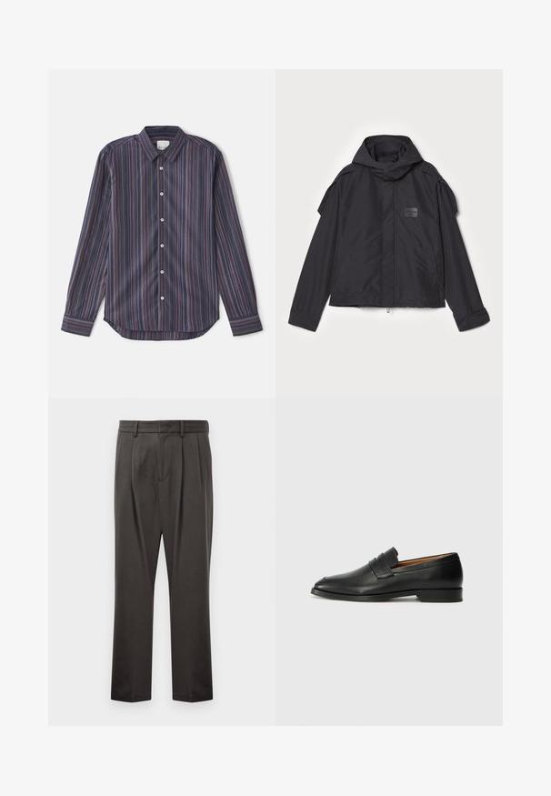 Čierna bunda s kapucňou, vyrobená z hladkej tkaniny. Obsahuje predný zips, bočné vrecká a ramenné akcenty. Jednoduchý dizajn so štítkom.; Prúhovaná košeľa s dlhým rukávom v tmavomodrej farbe s vertikálnymi pruhmi v červenej, oranžovej a fialovej farbe. Obsahuje golier s gombíkmi a biele gombíky.; Tmavo sivé nohavice vyrobené z textúrovanej tkaniny, s plochým predným dielom, prešiami, rovným strihom a pútkami na opasok. Bez viditeľného kovania alebo vzorov.; Čierne kožené mokasíny s okrúhlou špičkou, jemným prešitím a nízkym podpätkom, s hladkou textúrou a minimalistickým dizajnom.