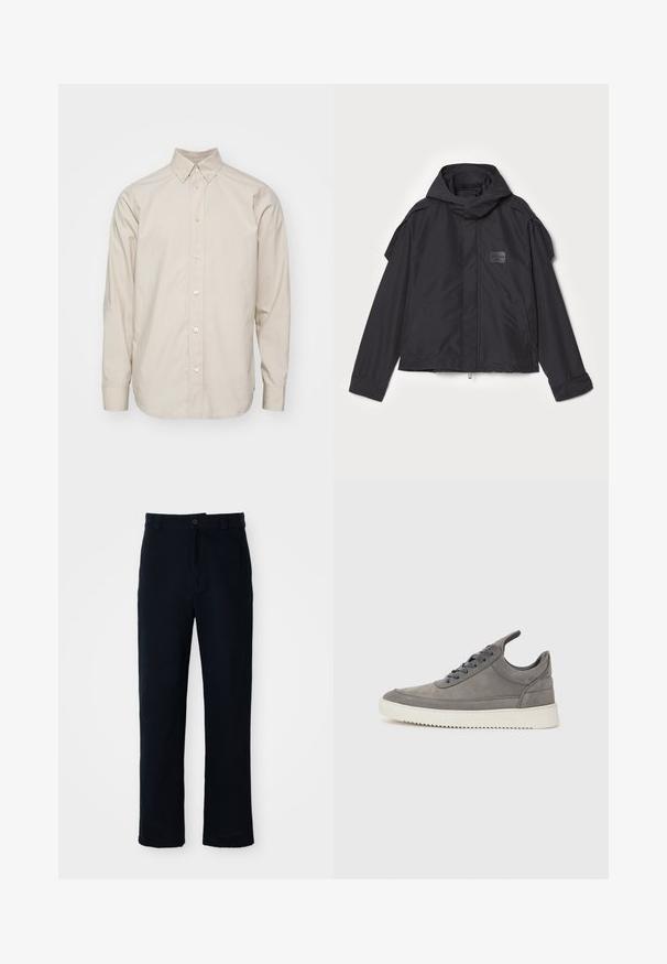 Černá bunda s kapucí, vyrobená z hladké tkaniny. Obsahuje zapínání na zip vpředu, boční kapsy a akcenty na ramenou. Jednoduchý design s štítkem.; Beige košile s dlouhým rukávem a límečkem; látka se zdá být hladká; obsahuje klasické zapínání na knoflíky a manžety.; Námorně modré kalhoty vyrobené ze 100 % bavlny, s rovnými nohavicemi, předním zapínáním na knoflík a klasickým pasem s poutky na pásek.; Šedé semišové tenisky s texturovaným povrchem, s bílou gumovou podrážkou, kulatými šňůrkami a nízkým designem.