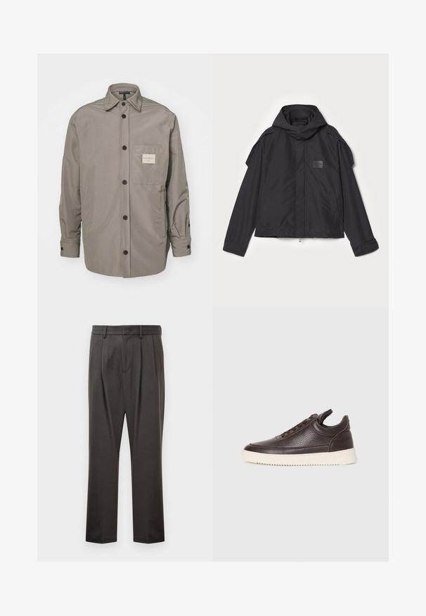 Fekete kapucnis dzseki, sima anyagból készült. Elöl zipzárral záródik, oldalsó zsebekkel és vállrész kiemelésekkel rendelkezik. Egyszerű dizájn jellemzi, címkével.; Szürke, gombos dzseki sima anyagból; mellzsebében címkével rendelkezik, hosszú ujja van, és klasszikus gallérdizájn jellemzi.; Sötét szürke nadrág, textúrált anyagból készült, sima elejű, redőzött, egyenes lábakkal és övhurkokkal. Nincs látható fémalkatrész vagy minta.; Sötétbarna, texturált bőr sneaker, fűzős elejével és fehér, bordázott gumitalpával egy sima világos háttér előtt.