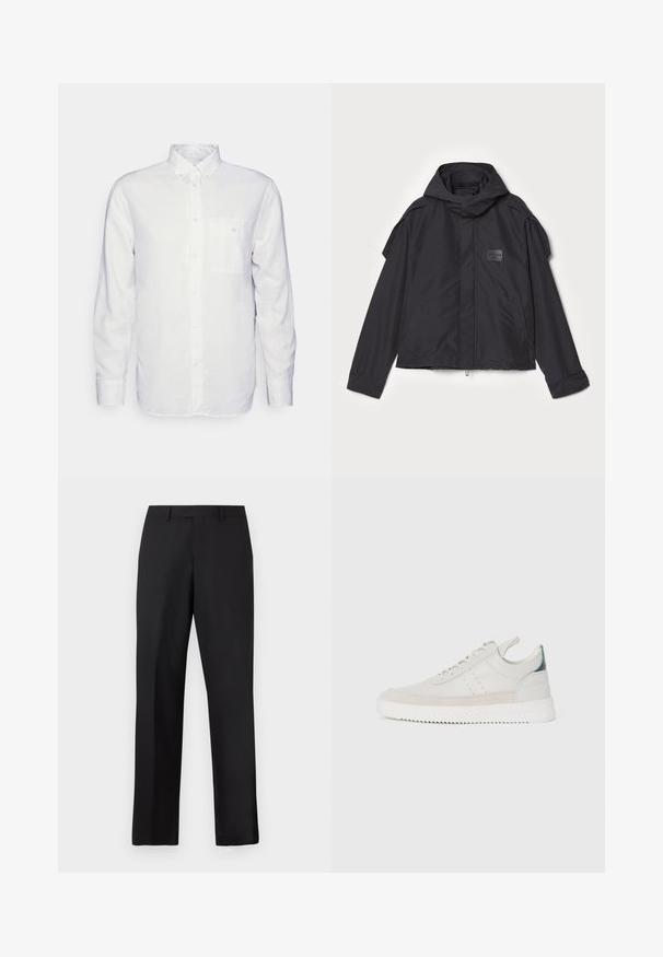 Μαύρο μπουφάν με κουκούλα, κατασκευασμένο από λεία ύφανση. Διαθέτει φερμουάρ μπροστά, πλάγιες τσέπες και διακρίσεις στους ώμους. Απλός σχεδιασμός με ετικέτα.; Λευκό πουκάμισο μακρυμάνικο από βαμβάκι, με κολάρο που κουμπώνει, μπροστινή τσέπη και κανονική εφαρμογή. Υφασμάτινη επιφάνεια με υφή και λεία όψη.; Μαύρο παντελόνι με ίσια γραμμή από απαλό ύφασμα. Διαθέτει κανονική μέση και δεν έχει ορατά σχέδια ή διακοσμητικά στοιχεία.; Λευκά δερμάτινα αθλητικά παπούτσια με γκρι σουέντ λεπτομέρειες, σχέδιο με κορδόνια, λαβή στο πίσω μέρος και υφασμάτινη σόλα από καουτσούκ με ζιγκ-ζαγκ σχέδιο.