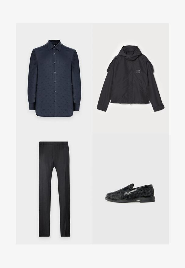 Czarna kurtka z kapturem, wykonana z gładkiego materiału. Posiada zamek z przodu, boczne kieszenie i akcenty na ramionach. Prosty design z metką.; Granatowa koszula z długim rękawem na guziki, z teksturowanym wzorem małych liter V w całej powierzchni, wykonana z gładkiego materiału.; Emporio Armani - Spodnie materiałowe; Czarny, pleciony but wsuwany z gładkim skórzanym akcentem na cholewce, o okrągłym nosku i niskoprofilowej gumowej podeszwie.