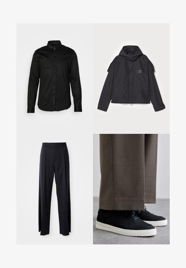 Černá bunda s kapucí, vyrobená z hladké tkaniny. Obsahuje zapínání na zip vpředu, boční kapsy a akcenty na ramenou. Jednoduchý design s štítkem.; Černá dlouhá rukávová košile z hladkého materiálu, s límcem, knoflíkovým zapínáním vpředu a kontrastními manžetami. Žádné viditelné vzory ani grafika.; Černé kalhoty s vysokým pasem a širokým střihem, vyrobené z hladké látky. Mají přední sklady a poutka na opasek. Minimalistický design, bez viditelného kovového hardwaru.; Černé semišové tenisky s bílými gumovými podrážkami, s kulatou špičkou a tkaničkami, obuté s šedými úzkými kalhotami.