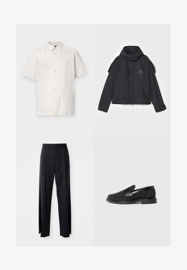 Giacca nera con cappuccio, realizzata in tessuto liscio. Presenta una chiusura frontale con zip, tasche laterali e dettagli sulle spalle. Design semplice con un'etichetta.; Camicia a maniche corte in tessuto beige chiaro, con chiusura a bottoni frontale, colletto modesto e semplici dettagli di cucitura lungo i lati.; Pantaloni neri a vita alta con gamba larga, realizzati in tessuto liscio. Presentano pieghe frontali e passanti per cintura. Design minimalista, senza hardware visibile.; Scarpa nera a mocassino intrecciata con un accentuato in pelle liscia sulla parte superiore, design a punta rotonda e suola in gomma a profilo basso.