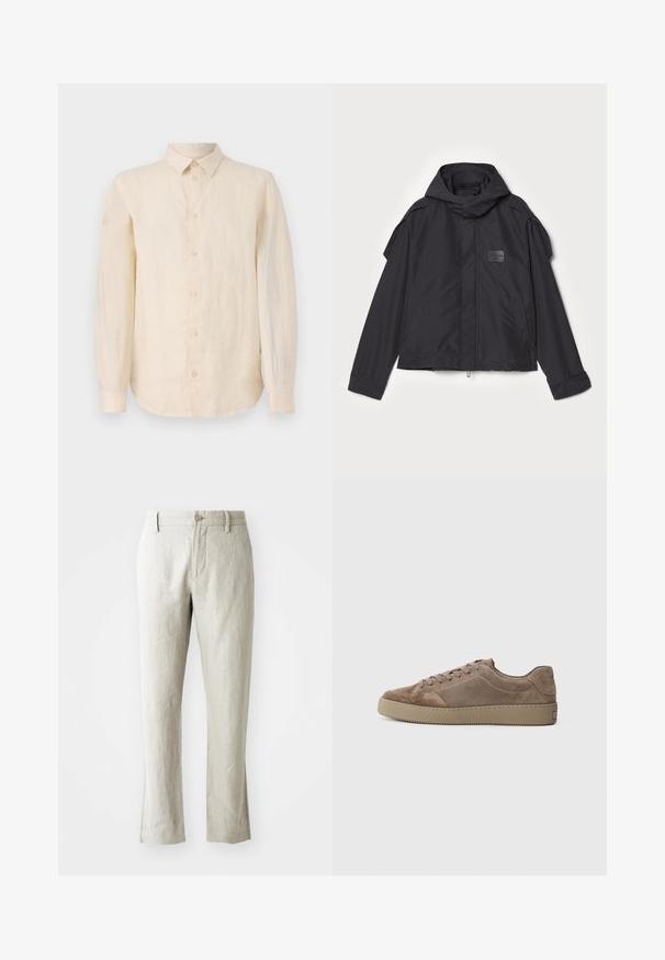 Čierna bunda s kapucňou, vyrobená z hladkej tkaniny. Obsahuje predný zips, bočné vrecká a ramenné akcenty. Jednoduchý dizajn so štítkom.; Košeľa s dlhým rukávom z ľahkej béžovej ľanovej tkaniny, so zapínaním na gombíky vpredu, klasickým golierom a zaobleným lemom. Hladká textúra s ostrým finišom.; Svetlo béžové ľanové nohavice s rovným strihom, jemnou textúrou, predným zapínaním na gombík a dvoma bočnými vreckami. Ušité pre čistý siluetu.; Hnedé semišové nízke tenisky s plochou gumovou podrážkou, šnurovaním a detailmi prešívania, zobrazené zo strany na jednoduchom pozadí.