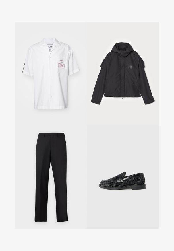 Schwarze Jacke mit Kapuze, aus glattem Stoff. Verfügt über einen Reißverschluss vorne, seitliche Taschen und Schulterakzente. Einfaches Design mit einem Etikett.; Kurzärmliges weißes Hemd aus Baumwolle mit Knopfverschluss. Verfügt über eine Brusttasche mit einem roten Etikett und einem klassischen Kragen.; Schwarze, gerade geschnittene Hose aus glattem Stoff. Verfügt über einen normalen Bund und keine sichtbaren Muster oder Akzente.; Schwarzer geflochtener Slipper mit einem glatten Lederakzent im Obermaterial, einem runden Zehendesign und einer flachen Gummisohle.