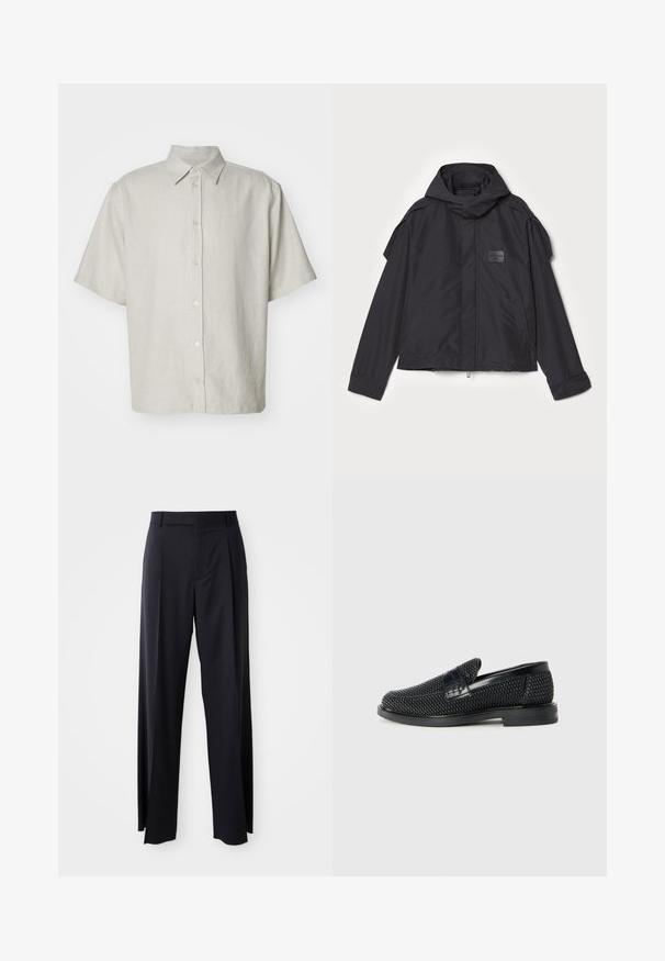 Czarna kurtka z kapturem, wykonana z gładkiego materiału. Posiada zamek z przodu, boczne kieszenie i akcenty na ramionach. Prosty design z metką.; Koszula z krótkim rękawem i kołnierzykiem w jasnym beżu, z subtelną teksturą żebrową, z pięcioma guzikami z przodu i luźnym krojem.; Czarne, wysokie spodnie o szerokim kroju, wykonane z gładkiego materiału. Posiadają zakładki z przodu i paski na pasek. Minimalistyczny design, bez widocznych elementów metalowych.; Czarny, pleciony but wsuwany z gładkim skórzanym akcentem na cholewce, o okrągłym nosku i niskoprofilowej gumowej podeszwie.