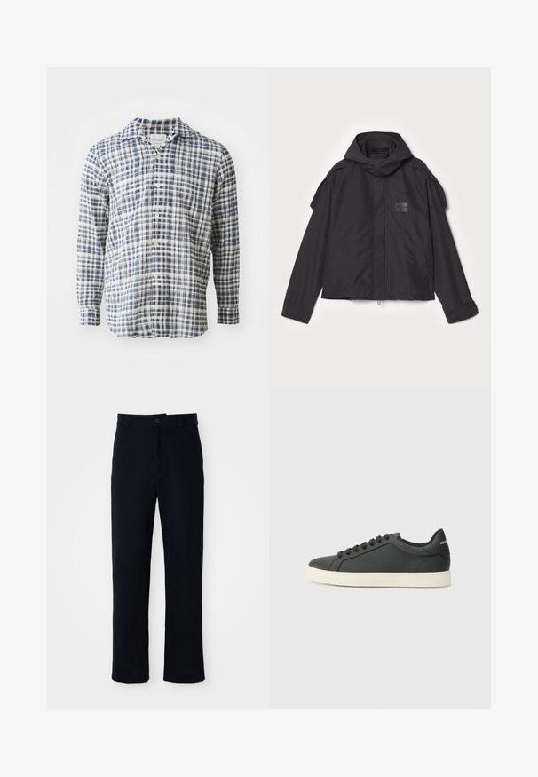 Sort jakke med hætte, lavet af glat stof. Har lynlåslukning foran, sidelommer og skulderdetaljer. Simpel design med et mærke.; Blå og hvid ternet langærmet skjorte lavet af let materiale, med knaplukning foran og klassisk krave.; Mørkeblå bukser lavet af bomuld, med en lige ben-design, en frontknaplukning og en klassisk talje med bæltestropper.; Sort lædersneaker med lav profil, rund tå og snørelukning; har en struktureret gummisål og logo-detalje på hælen.