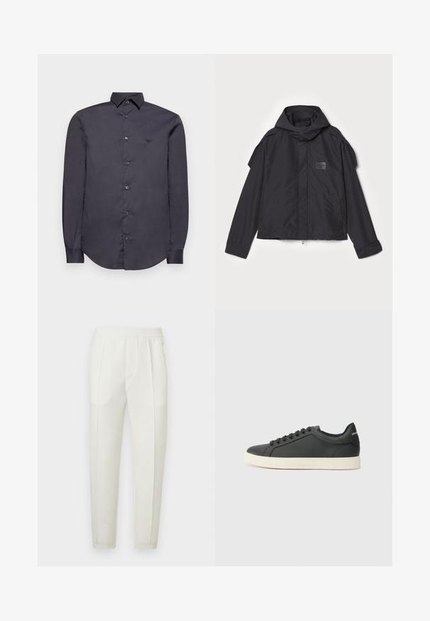 Musthaveheide mustaghuri hoodiga, valge catsosta. Omab esist zip ja külge taskud, õlavarre aksendid. Lihtne disain ja silt.; Emporio Armani Pluus - phantom; Valged kitsad püksid elastse vöökohaga, millel on kaks küljetaskut ja siledapindne, veidi läikiv tekstuur.; Mustmustest musta poolprofiiliga, ümmargune varvas ja paeltega sulgemine; omab tekstureeritud kummist tallat ja logo detaili kontsa peal.