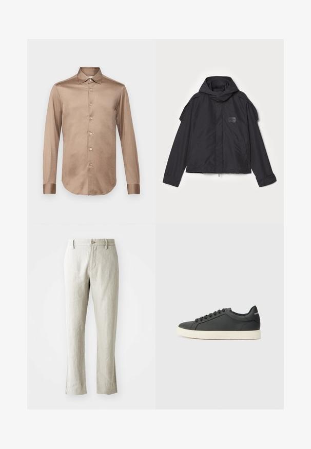 Czarna kurtka z kapturem, wykonana z gładkiego materiału. Posiada zamek z przodu, boczne kieszenie i akcenty na ramionach. Prosty design z metką.; Pal Zileri - Koszula; Jasno beżowe lniane spodnie o prostym kroju, subtelnej teksturze, z zapięciem na guzik z przodu oraz dwoma kieszeniami po bokach. Dopasowane, by zapewnić schludny sylwetkę.; Czarne skórzane trampki o niskim profilu, z zaokrąglonym noskiem i sznurowanym zapięciem; posiadają teksturowaną gumową podeszwę oraz detal z logo na pięcie.