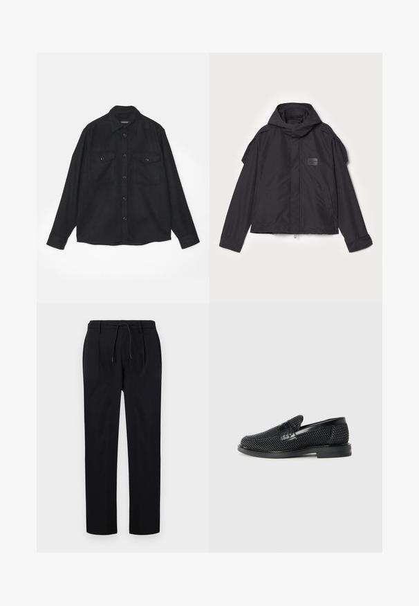 Fekete kapucnis dzseki, sima anyagból készült. Elöl zipzárral záródik, oldalsó zsebekkel és vállrész kiemelésekkel rendelkezik. Egyszerű dizájn jellemzi, címkével.; Fekete gombos ing hosszú ujjal, két mellzsebbel és puha, texturált anyagból készült. Klasszikus gallérral és gombos záródással rendelkezik.; Fekete nadrág sima anyagból, húzózsinórral a deréknál, egyenes lábakkal és elülső pliszékkel az strukturált megjelenésért.; Fekete szőtt slip-on cipő sima bőr díszítéssel a felsőrészen, kerek orral és alacsony profilos gumitalppal.