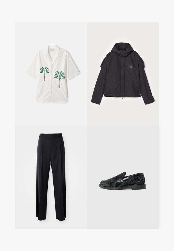 Musthaveheide mustaghuri hoodiga, valge catsosta. Omab esist zip ja külge taskud, õlavarre aksendid. Lihtne disain ja silt.; OFFICINE GENERALE LUIS PALMTREE EMBROIDE - Pluus - ecru; Mustad, kõrge vöökohtaga püksid laia säärte lõikega, valmistatud siledast kangast. Omab ees plekke ja vöörihmade jaoks silmuseid. Minimalistlik disain, nähtavat riistvara pole.; Must musta kootud slip-on king, millel on pehme nahast accent ülaserval, ümmargune varvas ja madal profiiliga kummitald.