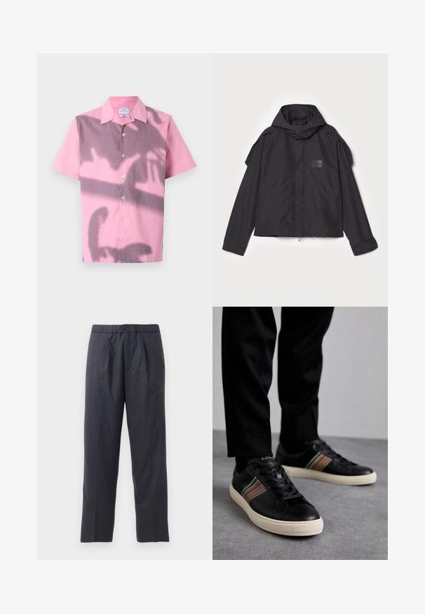 Juodas švarkas su kapišonu, pagamintas iš lygios medžiagos. Yra užtrauktukas priekyje, šoninės kišenės ir pečių akcentai. Paprastas dizainas su etikete.; Rožinė trumpomis rankovėmis marškinėliai su gradientiniu dizainu, pereinančiu į purpurinę, turi mygtukinę priekį ir standartinį apykaklę.; Tamsiai mėlynos kelnės, pagamintos iš švelnios medžiagos, su klostėtu priekiu ir elastingu juosmeniu. Yra mygtuko užtrauktukas ir tiesios išklikimo pjūvis.; Juodi odiniai sportbačiai su daugiaspalviais juostuotais akcentais, apvaliu pirštu ir baltais gumos padais, su raišteliais ir įspaustu ženklu.