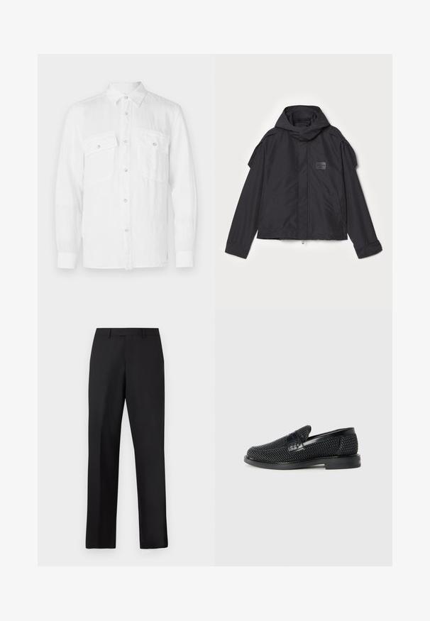 Giacca nera con cappuccio, realizzata in tessuto liscio. Presenta una chiusura frontale con zip, tasche laterali e dettagli sulle spalle. Design semplice con un'etichetta.; Camicia bianca button-up realizzata in tessuto leggero, con colletto, maniche lunghe e due tasche frontali sul petto con chiusura a bottone.; Pantaloni neri a gamba dritta in tessuto liscio. Presentano una vita standard e nessun motivo o accento visibile.; Scarpa nera a mocassino intrecciata con un accentuato in pelle liscia sulla parte superiore, design a punta rotonda e suola in gomma a profilo basso.