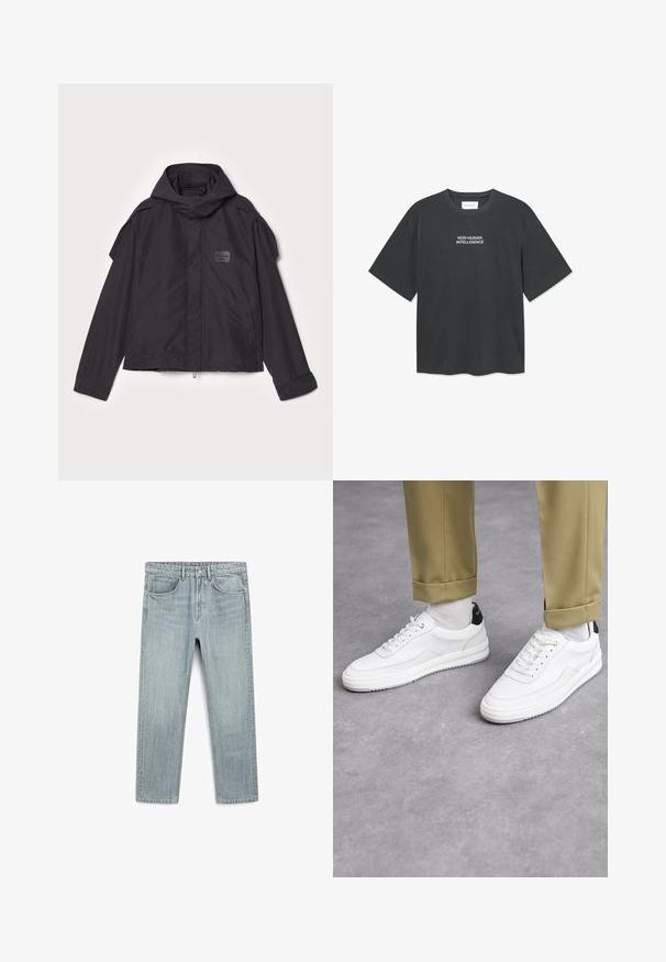 Sort jakke med hætte, lavet af glat stof. Har lynlåslukning foran, sidelommer og skulderdetaljer. Simpel design med et mærke.; Mørkegrå bomulds T-shirt med korte ærmer og rund halsudskæring, med hvid tekst "NON-HUMAN INTELLIGENCE" centreret på brystet.; Lys blå denimjeans med lige snit, fem lommer og en synlig knap- og lynlåslukning. Glat tekstur med let falmning.; Hvide sneakers med en tekstureret læderfinish, rund tå og sort hælaccent. Gummisål med lille mønster og syede detaljer.