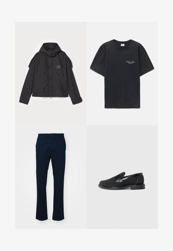 Fekete kapucnis dzseki, sima anyagból készült. Elöl zipzárral záródik, oldalsó zsebekkel és vállrész kiemelésekkel rendelkezik. Egyszerű dizájn jellemzi, címkével.; Fekete, rövid ujjú, kerek nyakú póló, bal mellen kis fehér "Filling Pieces" szöveges logóval.; Sötétkék, könnyű anyagból készült nadrág. Egyenes szárú dizájn, egyrészes gombzár és minimalista varrás jellemzi.; Fekete szőtt slip-on cipő sima bőr díszítéssel a felsőrészen, kerek orral és alacsony profilos gumitalppal.