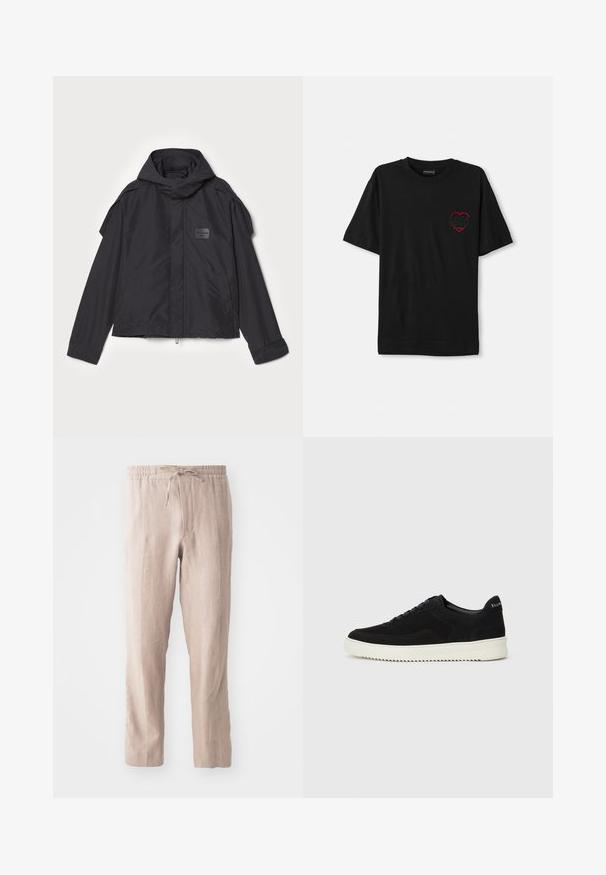 Czarna kurtka z kapturem, wykonana z gładkiego materiału. Posiada zamek z przodu, boczne kieszenie i akcenty na ramionach. Prosty design z metką.; Czarny bawełniany t-shirt z krótkim rękawem, z czerwonym haftowanym sercem na lewej piersi. Klasyczny okrągły dekolt, luźny krój.; Beżowe lniane spodnie z elastycznym pasem i sznurkiem. Prosty krój nogawek, miękka tekstura i minimalistyczny styl.; Czarne zamszowe sneakersy z designem na sznurówki i kontrastującą białą gumową podeszwą. Posiadają teksturowane boczne panele oraz subtelne logo na pięcie.