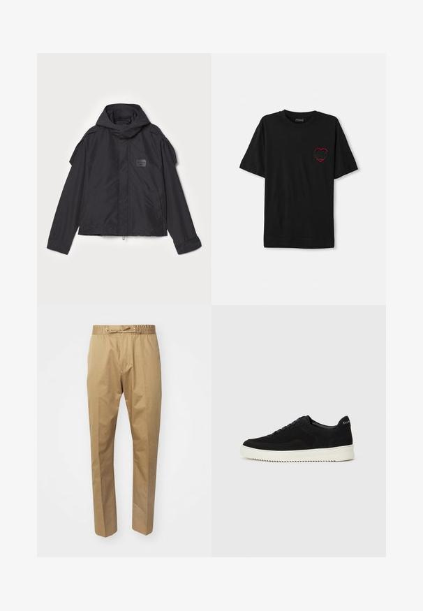 Black jacket with a hood, made of smooth fabric. Features a zip front, side pockets, and shoulder accents. Simple design with a label.; Black cotton t-shirt with short sleeves, featuring a red embroidered heart design on the left chest. Classic crew neckline, relaxed fit.; Beige trousers with an elastic waistband and adjustable drawstring. Smooth texture, straight legs, and minimalistic design.; Black suede sneaker with lace-up design and contrasting white rubber sole. Features textured side panels and subtle branding on the heel.