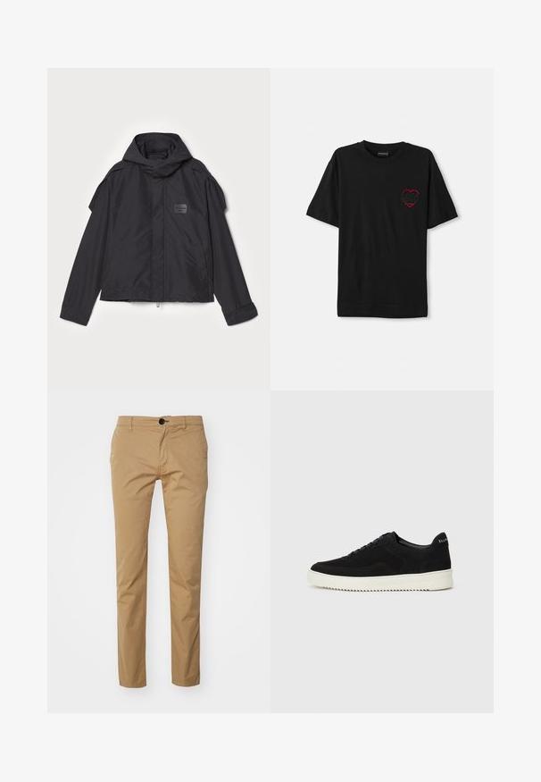 Schwarze Jacke mit Kapuze, aus glattem Stoff. Verfügt über einen Reißverschluss vorne, seitliche Taschen und Schulterakzente. Einfaches Design mit einem Etikett.; Schwarzes Baumwoll-T-Shirt mit kurzen Ärmeln, das ein rotes gesticktes Herzdesign auf der linken Brust zeigt. Klassischer Rundhalsausschnitt, lockere Passform.; Beige Baumwollhose mit schmaler Passform, ausgestattet mit einem einzelnen Knopfverschluss, frontalen Taschen und einer glatten Textur. Flaches Vorderdesign.; Schwarze Wildleder-Sneaker mit Schnürdesign und kontrastierender weißer Gummisohle. Verfügt über strukturierte Seitenpaneele und dezentes Branding an der Ferse.