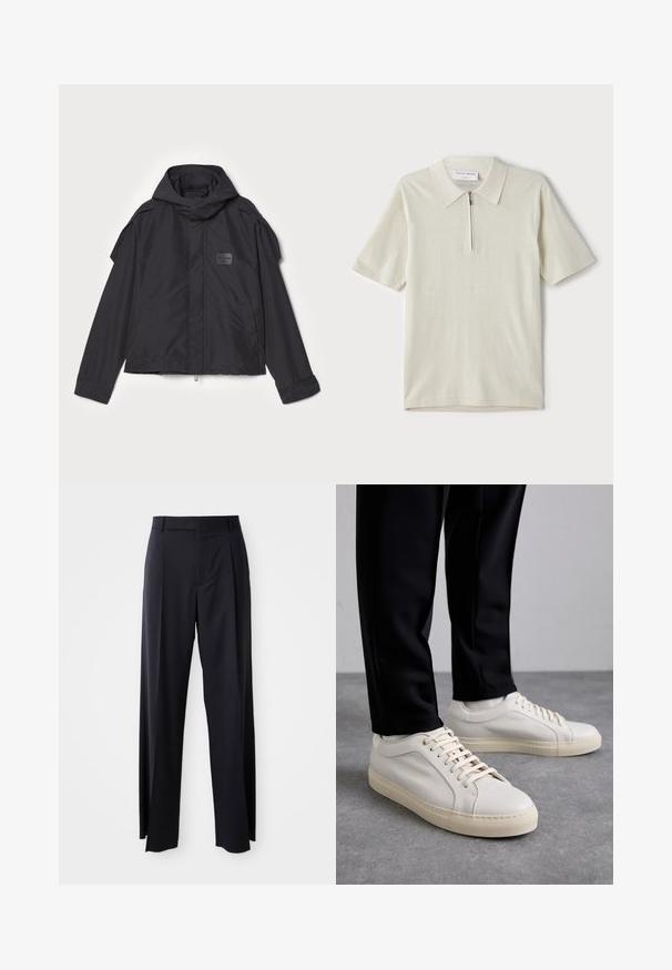 Musthaveheide mustaghuri hoodiga, valge catsosta. Omab esist zip ja külge taskud, õlavarre aksendid. Lihtne disain ja silt.; Lühikeste varrukatega polo särk heles beeži värviga, millel on tõmblukk kaeluses. Valmistatud siledast kangast, minimalistlik ja kaasaegne disain ilma mustriteta.; Mustad, kõrge vöökohtaga püksid laia säärte lõikega, valmistatud siledast kangast. Omab ees plekke ja vöörihmade jaoks silmuseid. Minimalistlik disain, nähtavat riistvara pole.; Kergedbežsest nahkkingad lamepaeltega, reljeefse pinnaga ja kontrastse kreemivärvi kummitallaga, kombineeritud mustade kitsaste pükstega.