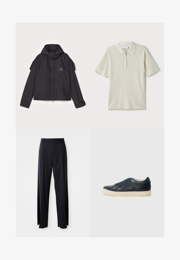 Musthaveheide mustaghuri hoodiga, valge catsosta. Omab esist zip ja külge taskud, õlavarre aksendid. Lihtne disain ja silt.; Lühikeste varrukatega polo särk heles beeži värviga, millel on tõmblukk kaeluses. Valmistatud siledast kangast, minimalistlik ja kaasaegne disain ilma mustriteta.; Mustad, kõrge vöökohtaga püksid laia säärte lõikega, valmistatud siledast kangast. Omab ees plekke ja vöörihmade jaoks silmuseid. Minimalistlik disain, nähtavat riistvara pole.; Tumedat sinised nahast spordijalatsid kreemja kummitaldiga, siniste paeltega ja siledast tekstuurist. Ümar varvas ja minimalistlik disain.