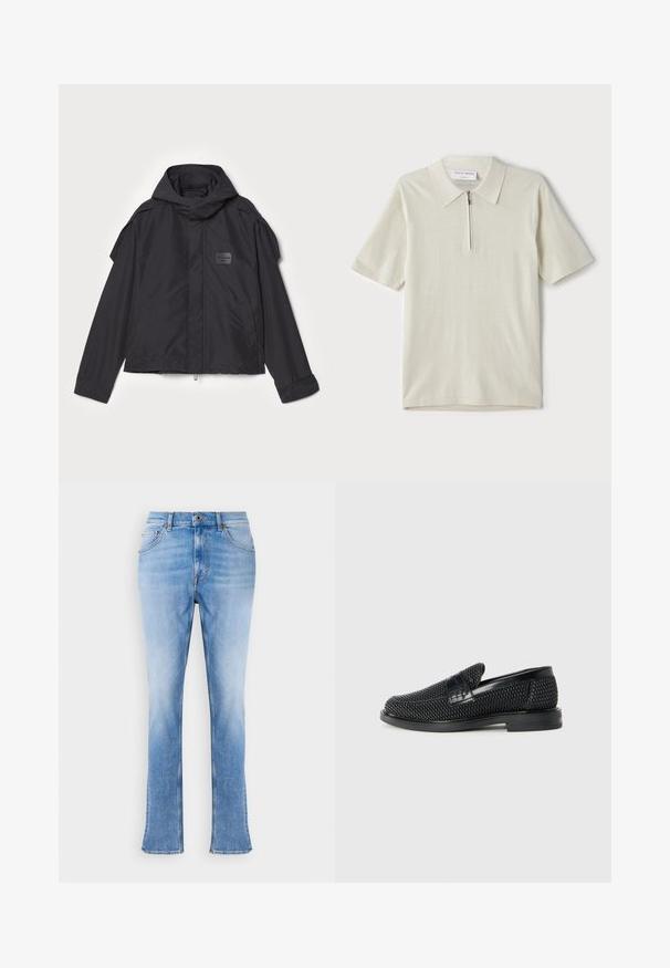 Mustatakki hupulla, valmistettu sileästä kankaasta. Ominaisuuksiin kuuluu vetoketjukiinnitys edessä, sivutaskut ja olkakorostukset. Yksinkertainen muotoilu, jossa on etiketti.; Vaate lyhythihaisista polo-paitojen vaaleassa beige-värissä, jossa on vetoketjukaulus. Valmistettu sileästä kankaasta, yksinkertainen ja moderni malli ilman kuvioita.; Vaaleansiniset farkut, joissa suora istuvuus ja hieman levenevät nilkat. Ominaisuuksiin kuuluu klassinen viiden taskun muotoilu ja messinkinen napitus.; Musta kudottu liukupohjallinen kenka, jossa on sileä nahkakorostus päällisessä, pyöreä kärki ja matala kumipohja.