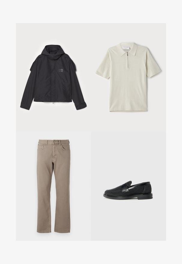 Musthaveheide mustaghuri hoodiga, valge catsosta. Omab esist zip ja külge taskud, õlavarre aksendid. Lihtne disain ja silt.; Lühikeste varrukatega polo särk heles beeži värviga, millel on tõmblukk kaeluses. Valmistatud siledast kangast, minimalistlik ja kaasaegne disain ilma mustriteta.; Beešid, sirgete jalgadega teksapüksid, mis on valmistatud puuvillast kangast. Neil on viis taskut, nööp ja lukuga sulgemine ning nähtavad õmblused õmblustes.; Must musta kootud slip-on king, millel on pehme nahast accent ülaserval, ümmargune varvas ja madal profiiliga kummitald.