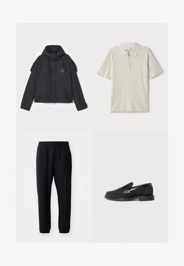 Melna jaka ar kapuci, izgatavota no gludas auduma. Aprīkota ar rāvējslēdzēju priekšā, sānu kabatām un plecu akcentiem. Vienkāršs dizains ar etiķeti.; Īsām piedurknēm polo krekls gaiši bēšā krāsā ar rāvējslēdzāja apkakli. Izgatavots no gludas auduma, tam ir vienkāršs, mūsdienīgs dizains bez rakstiem.; Melni, brīvi pieguļoši bikses, kas izgatavotas no teksturēta auduma, ar elastīgu jostu un sašaurinātiem piedurkņu galiem. Nav redzamu kabatu vai rotājumu.; Melnas austas slaidu kurpes ar gludu ādas akcentu augšpusē, apaļas formas purngalu un zemas profila gumijas zoli.